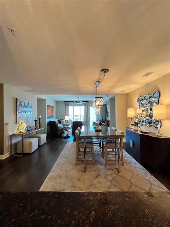Dining room, Interior, Living room, Pendant Lights, Wood Texture Flooring