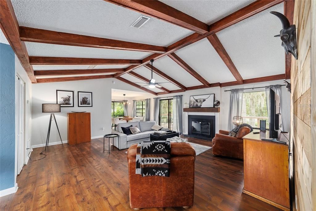Fireplace, Interior, Living room, Pendant Lights, Wooden Beams, Wood Texture Flooring