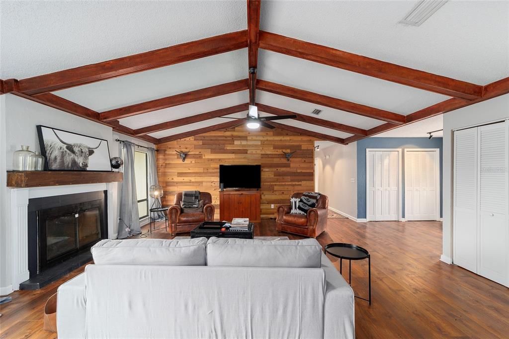 Fireplace, Interior, Living room, Wooden Beams, Wood Texture Flooring, Wooden Walls