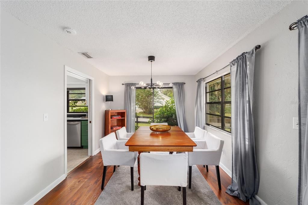Dining room, Interior, Pendant Lights, Wood Texture Flooring