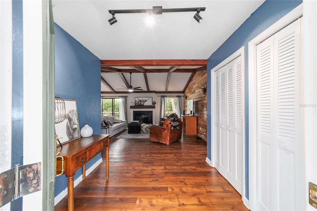 Fireplace, Interior, Living room, Wooden Beams, Wood Texture Flooring