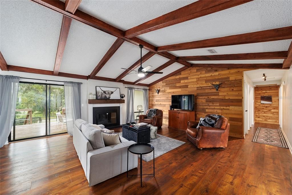 Fireplace, Interior, Living room, Wooden Beams, Wood Texture Flooring, Wooden Walls