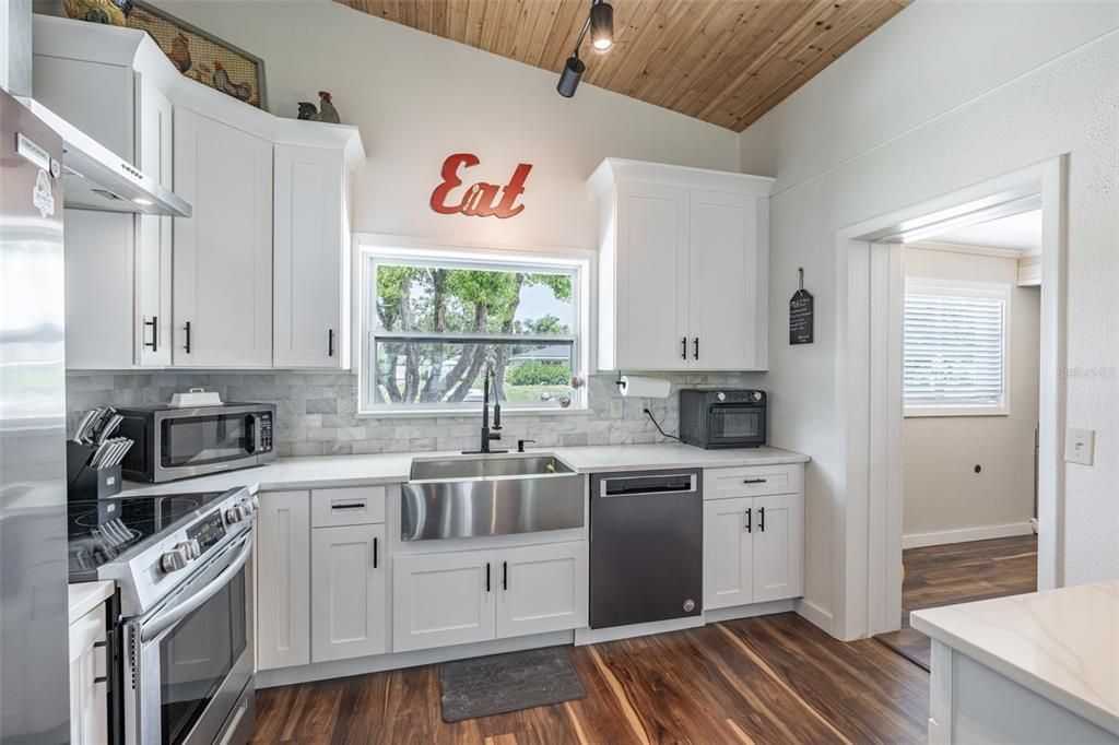 Interior, Kitchen, Stainless Steel Appliances, Wooden Ceilings, Wood Texture Flooring