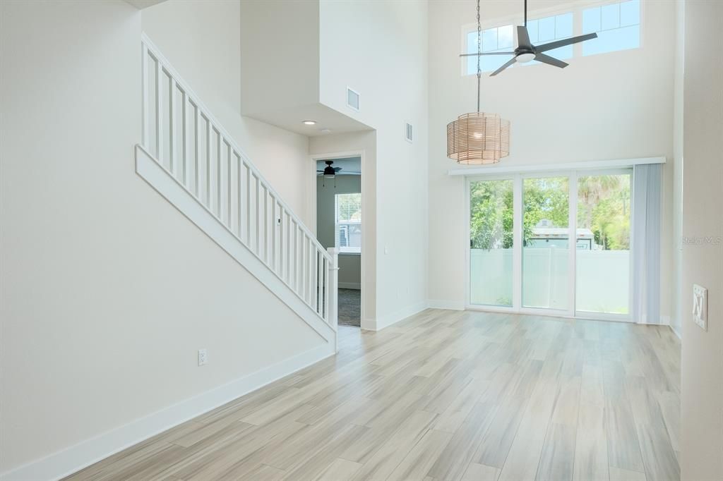 Empty room, Interior, Pendant Lights, Recessed Lighting, Wood Texture Flooring