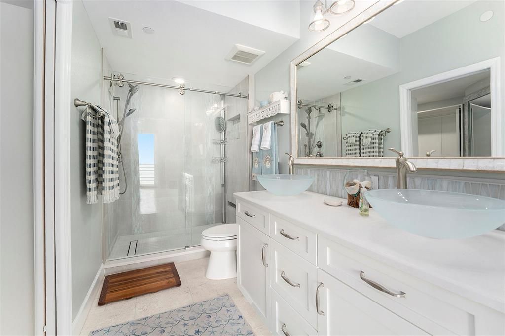 Bathroom, Dual Sink Vanities, Glass Shower, Interior, Recessed Lighting
