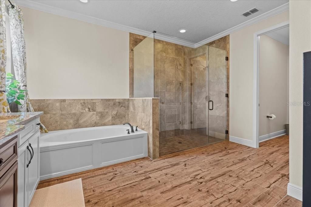 Bathroom, Glass Shower, Interior, Recessed Lighting, Wood Texture Flooring