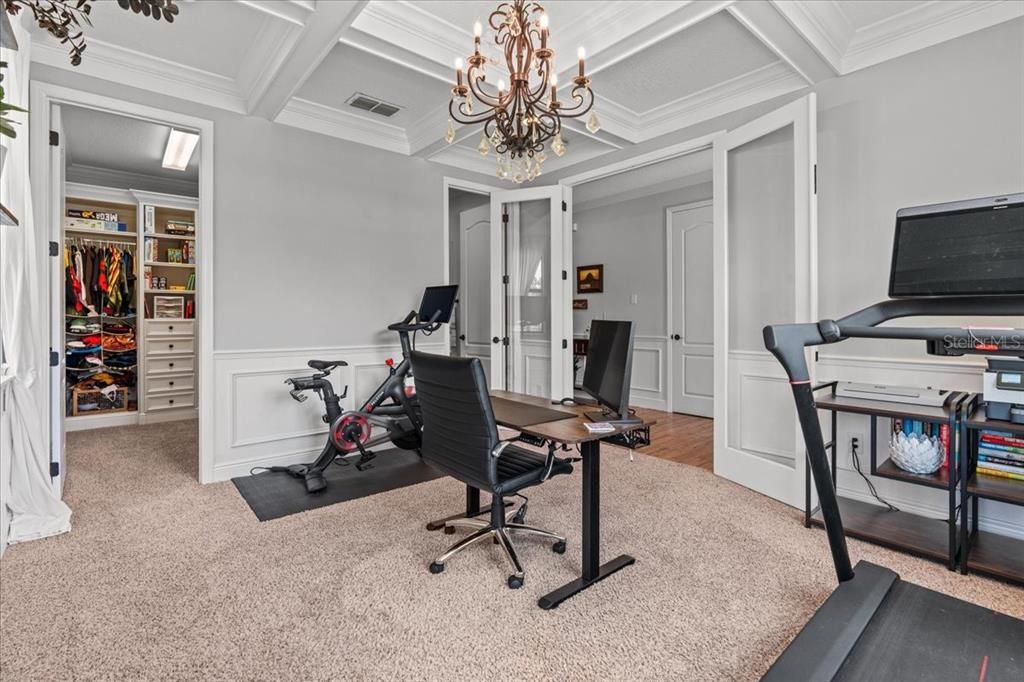 Chandelier, Fitness Equipment, Home Office, Interior, Wood Texture Flooring