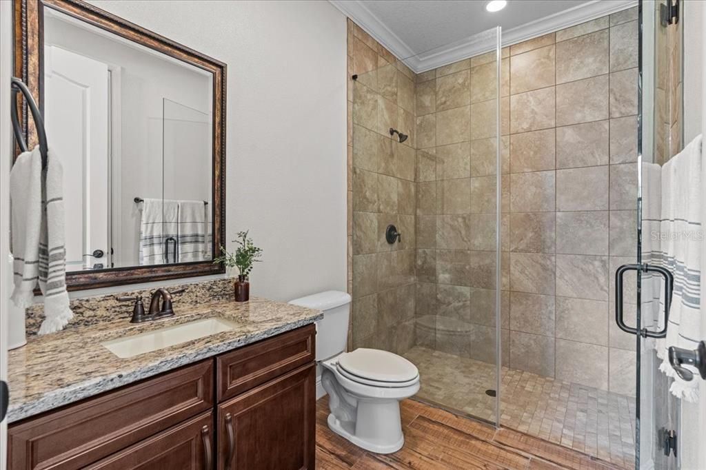 Bathroom, Glass Shower, Interior, Recessed Lighting, Wood Texture Flooring
