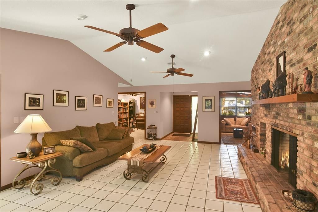 Fireplace, Interior, Living room, Recessed Lighting, Stone Walls