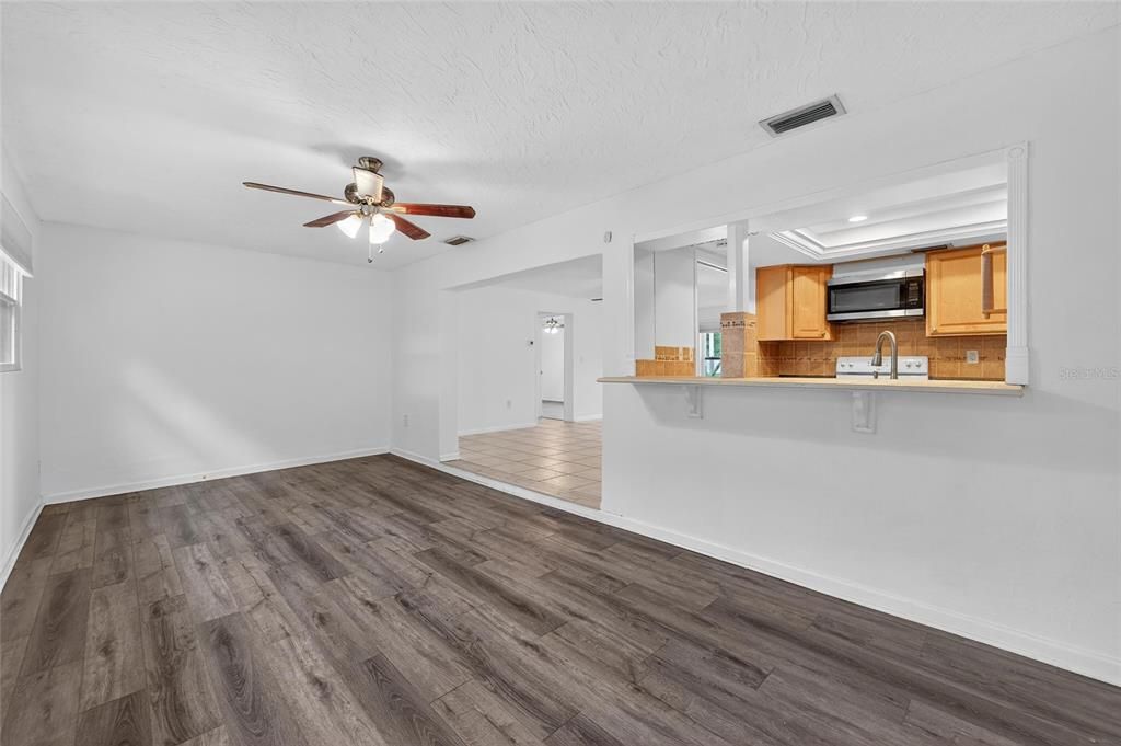 Empty room, Interior, Kitchen, Recessed Lighting, Wood Texture Flooring