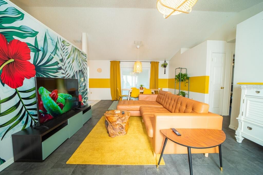 Dining room, Fireplace, Interior, Living room, Pendant Lights