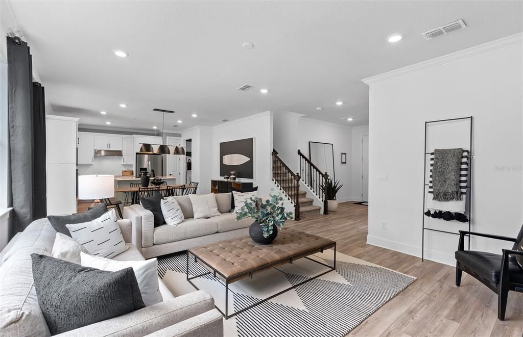 Dining room, Interior, Kitchen, Living room, Pendant Lights, Recessed Lighting, Stainless Steel Appliances, Wood Texture Flooring