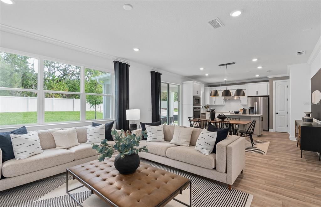 Dining room, Interior, Kitchen, Living room, Pendant Lights, Recessed Lighting, Stainless Steel Appliances, Wood Texture Flooring