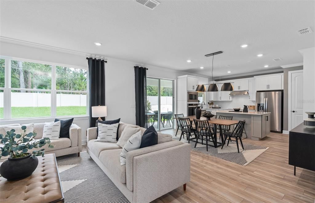 Dining room, Interior, Kitchen, Living room, Pendant Lights, Recessed Lighting, Stainless Steel Appliances, Wood Texture Flooring