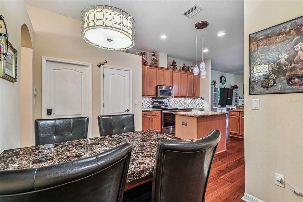 Dining room, Interior, Kitchen, Recessed Lighting, Wood Texture Flooring