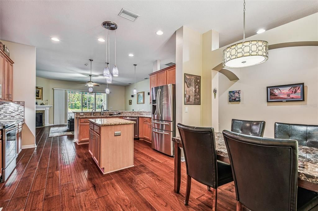 Fireplace, Interior, Kitchen, Pendant Lights, Recessed Lighting, Wood Texture Flooring