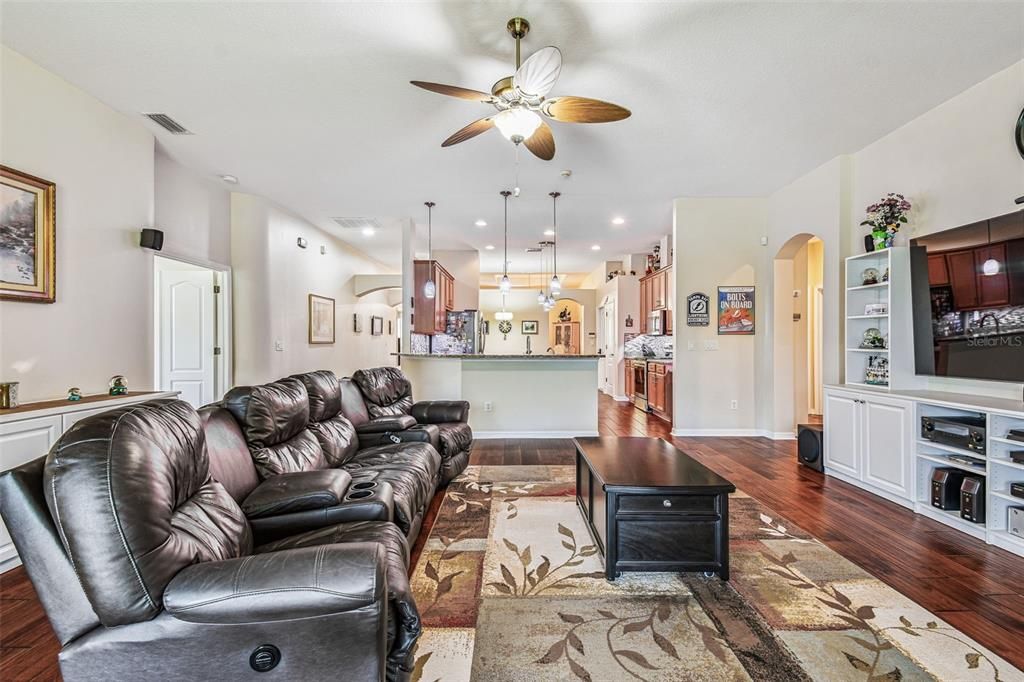Home Theatre Room, Interior, Kitchen, Living room, Pendant Lights, Recessed Lighting, Wood Texture Flooring