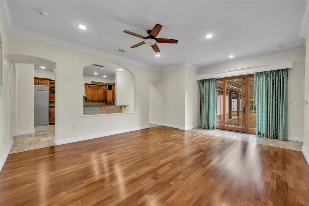 Empty room, Interior, Kitchen, Recessed Lighting, Wood Texture Flooring