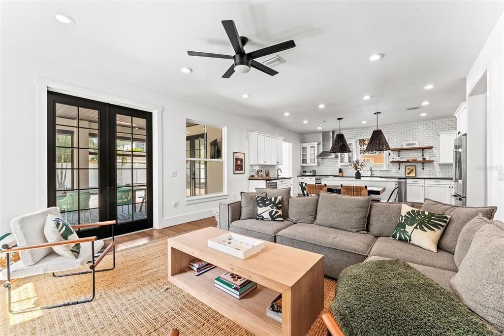 Dining room, Interior, Kitchen, Living room, Pendant Lights, Recessed Lighting, Stainless Steel Appliances, Wood Texture Flooring