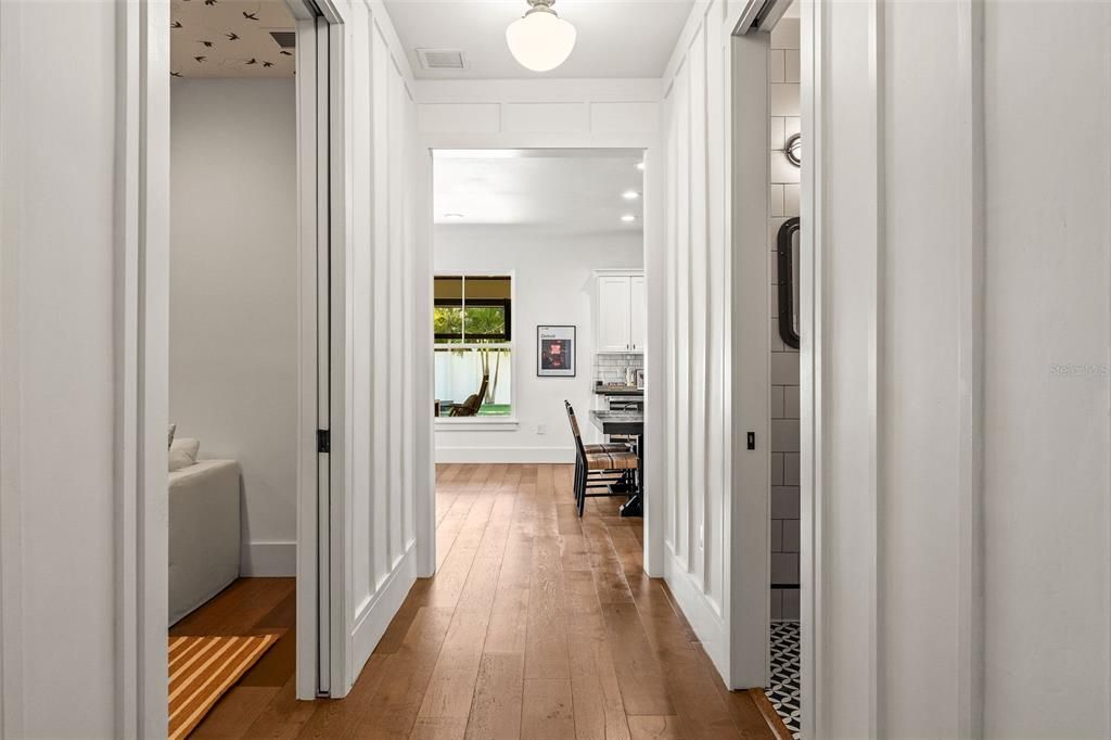 Dining room, Interior, Pendant Lights, Recessed Lighting, Wood Texture Flooring