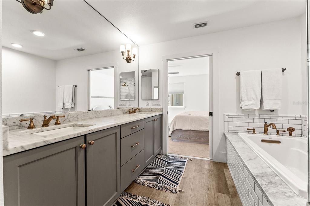 Bathroom, Bedroom, Dual Sink Vanities, Interior, Recessed Lighting, Wood Texture Flooring