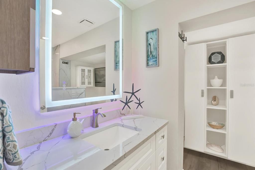 Bathroom, Interior, Recessed Lighting, Wood Texture Flooring