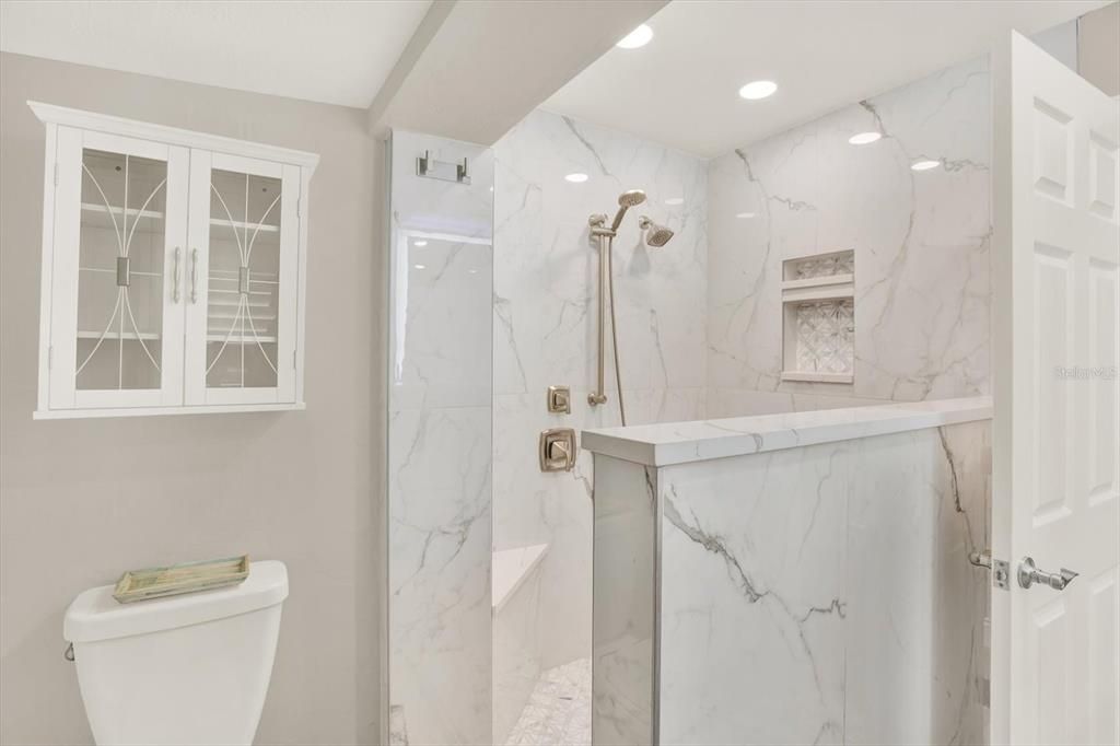 Bathroom, Interior, Marble Walls, Recessed Lighting
