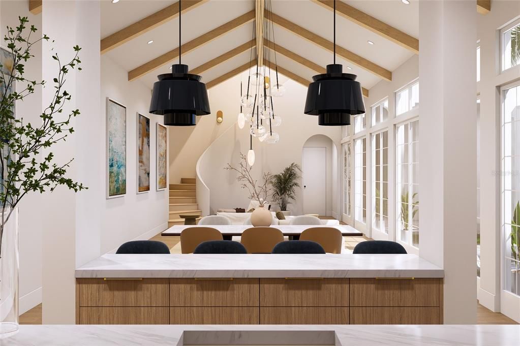 Dining room, Interior, Pendant Lights, Recessed Lighting, Wooden Beams, Wood Texture Flooring