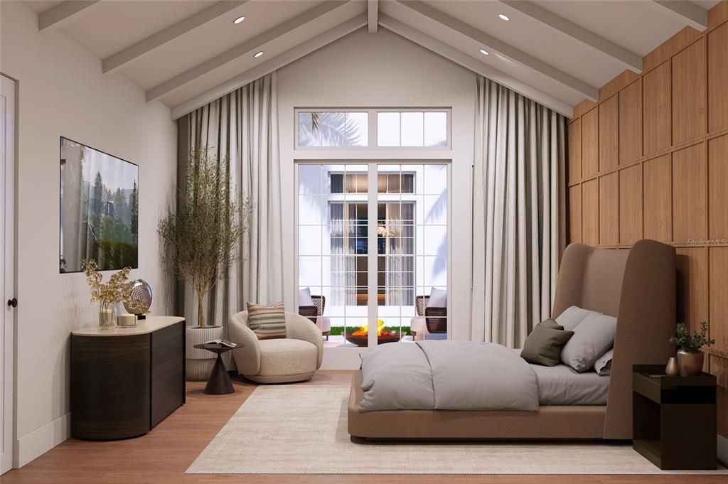 Bedroom, Interior, Recessed Lighting, Wood Texture Flooring