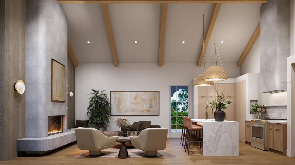 Dining room, Fireplace, Interior, Kitchen, Living room, Pendant Lights, Recessed Lighting, Wooden Beams, Wood Texture Flooring
