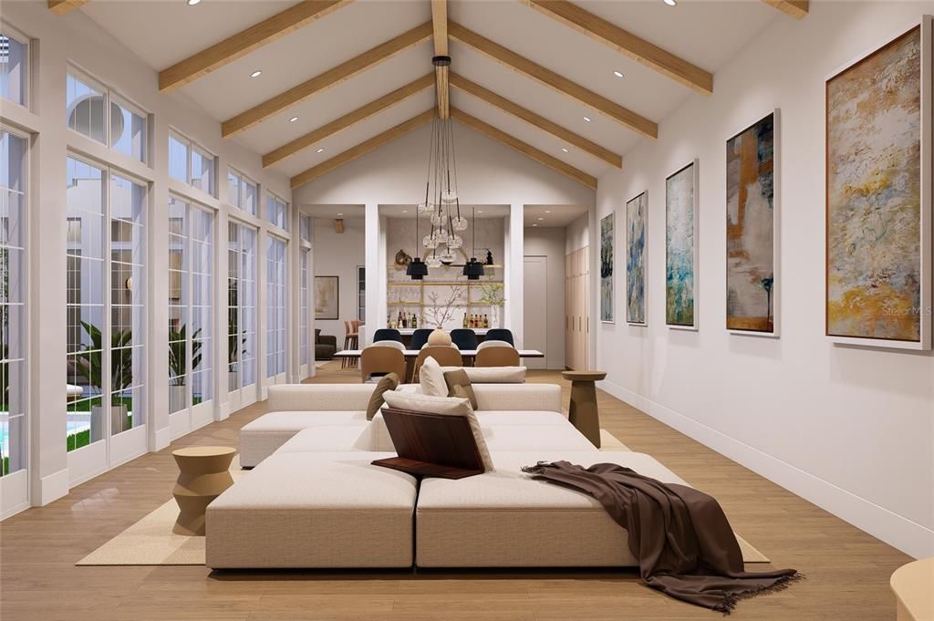 Interior, Living room, Pendant Lights, Recessed Lighting, Wooden Beams, Wood Texture Flooring
