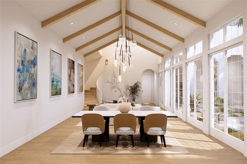 Dining room, Interior, Pendant Lights, Recessed Lighting, Wooden Beams, Wood Texture Flooring