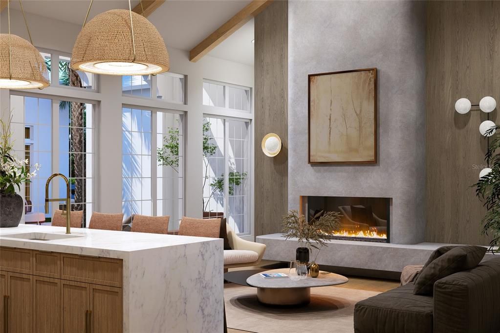 Fireplace, Interior, Living room, Pendant Lights, Wooden Beams