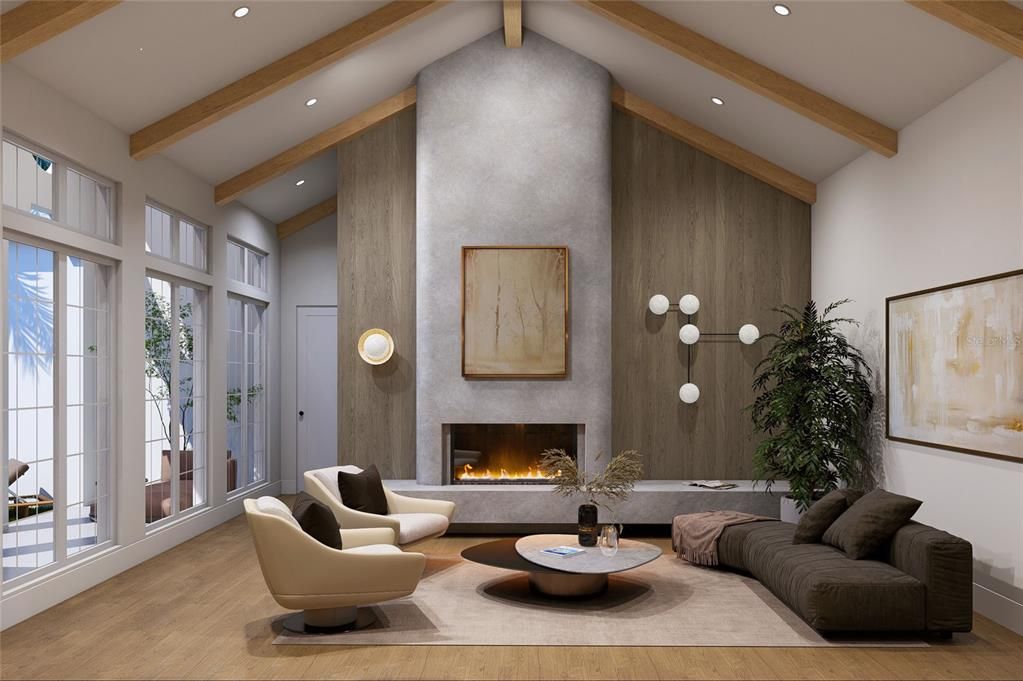 Fireplace, Interior, Living room, Recessed Lighting, Wooden Beams, Wood Texture Flooring