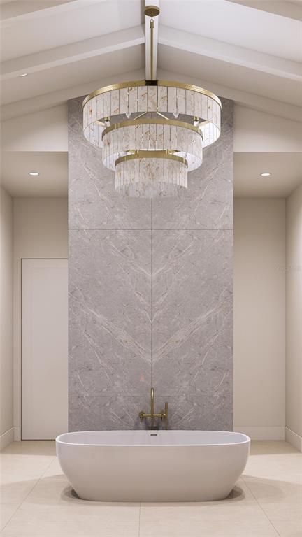 Bathroom, Chandelier, Free Standing Baths, Interior, Marble Walls, Recessed Lighting