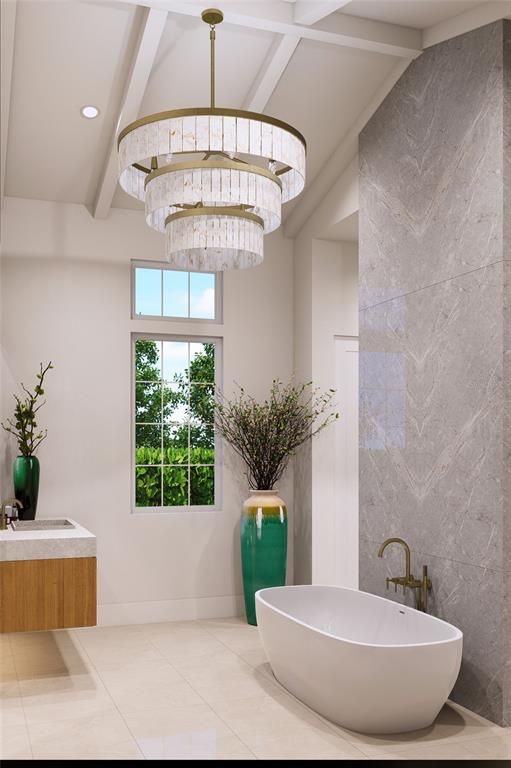 Bathroom, Chandelier, Free Standing Baths, Interior, Recessed Lighting