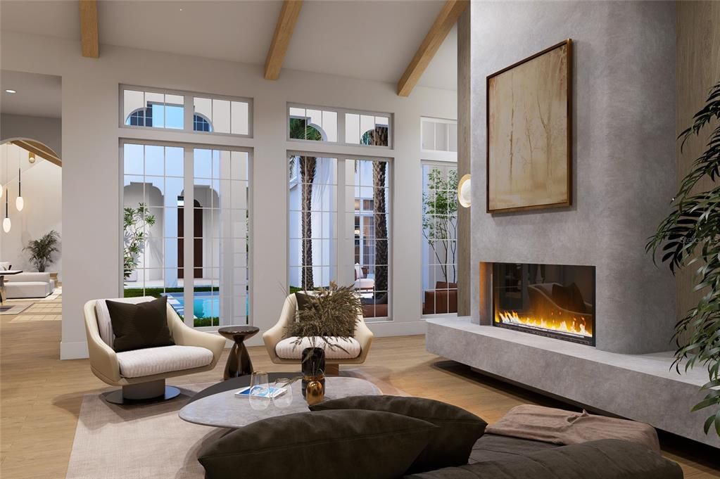Fireplace, Interior, Living room, Pendant Lights, Recessed Lighting, Wooden Beams, Wood Texture Flooring