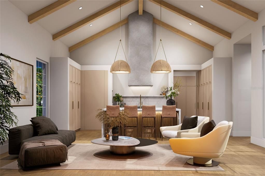 Interior, Pendant Lights, Recessed Lighting, Wooden Beams, Wood Texture Flooring