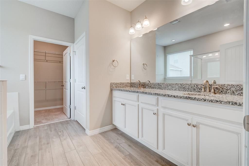 Bathroom, Dual Sink Vanities, Glass Shower, Interior, Recessed Lighting, Walk-in Closets, Wood Texture Flooring