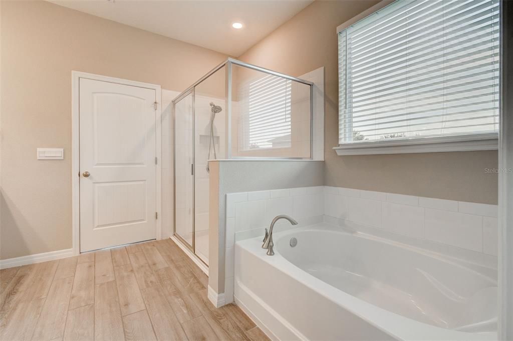 Bathroom, Glass Shower, Interior, Recessed Lighting, Wood Texture Flooring