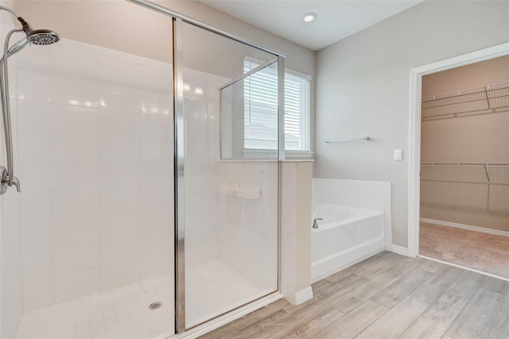 Bathroom, Glass Shower, Interior, Recessed Lighting, Walk-in Closets, Wood Texture Flooring