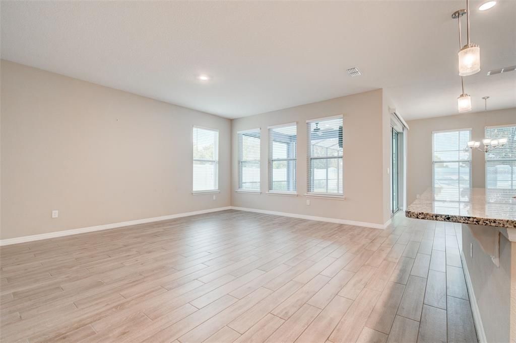 Empty room, Interior, Pendant Lights, Recessed Lighting, Wood Texture Flooring