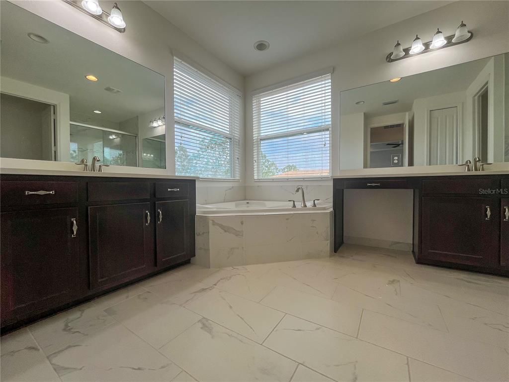 Bathroom, Dual Sink Vanities, Interior, Marble, Recessed Lighting