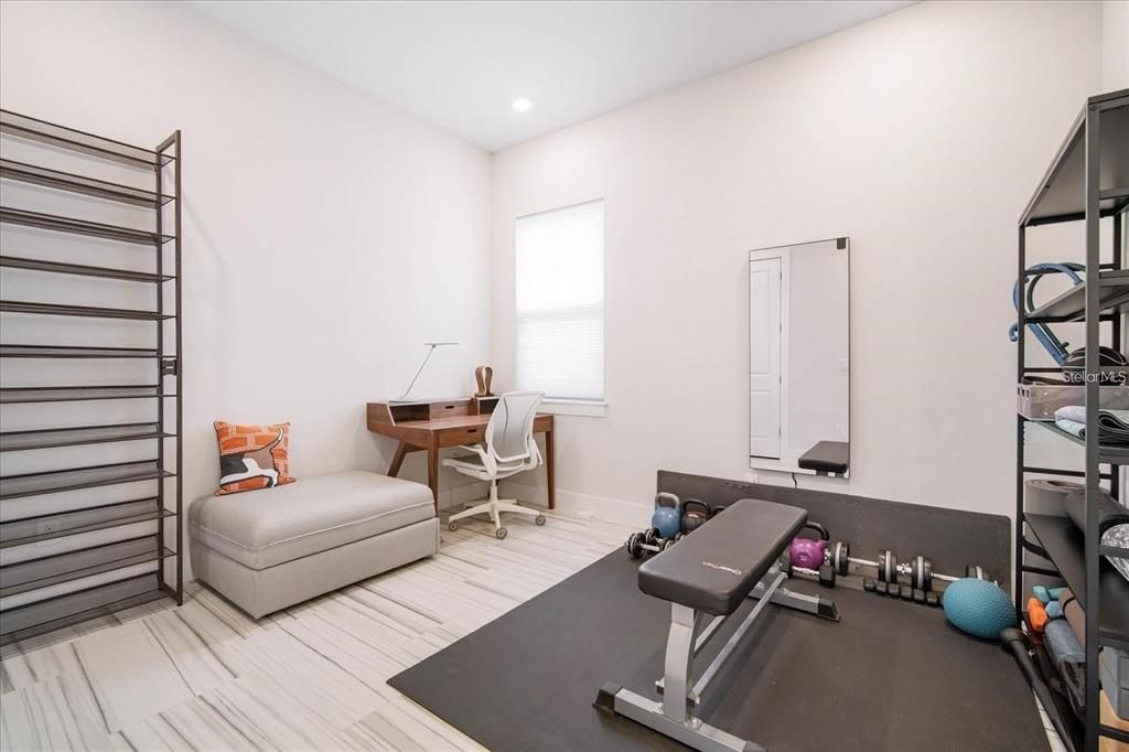 Fitness Equipment, Home Office, Interior, Recessed Lighting, Wood Texture Flooring