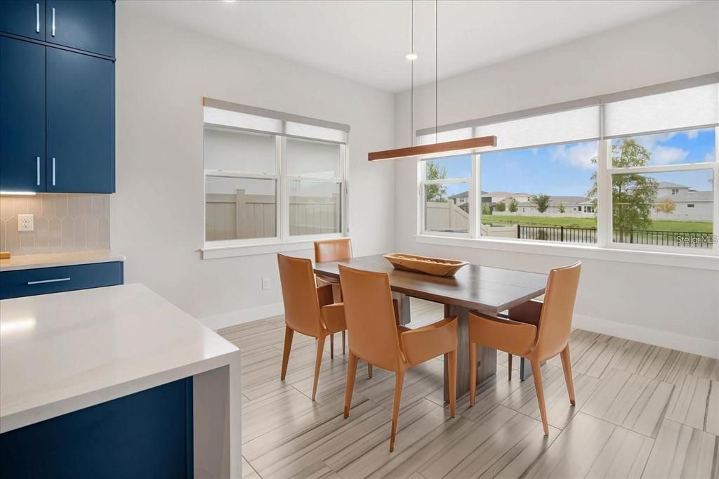 Dining room, Interior, Pendant Lights, Recessed Lighting, Water, Wood Texture Flooring