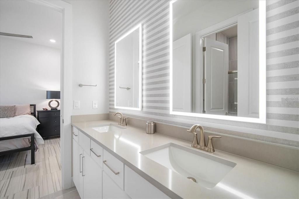 Bathroom, Bedroom, Dual Sink Vanities, Interior, Recessed Lighting, Wood Texture Flooring