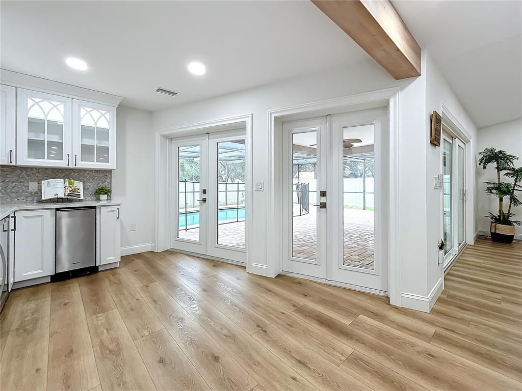 Interior, Kitchen, Recessed Lighting, Wooden Beams, Wood Texture Flooring