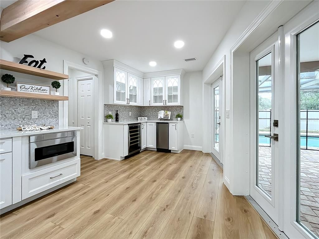Interior, Kitchen, Recessed Lighting, Stainless Steel Appliances, Wooden Beams, Wood Texture Flooring
