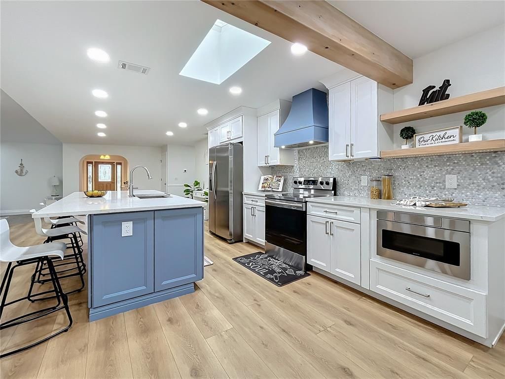 Interior, Kitchen, Recessed Lighting, Stainless Steel Appliances, Wooden Beams, Wood Texture Flooring