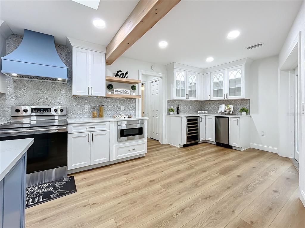 Interior, Kitchen, Recessed Lighting, Stainless Steel Appliances, Wooden Beams, Wood Texture Flooring